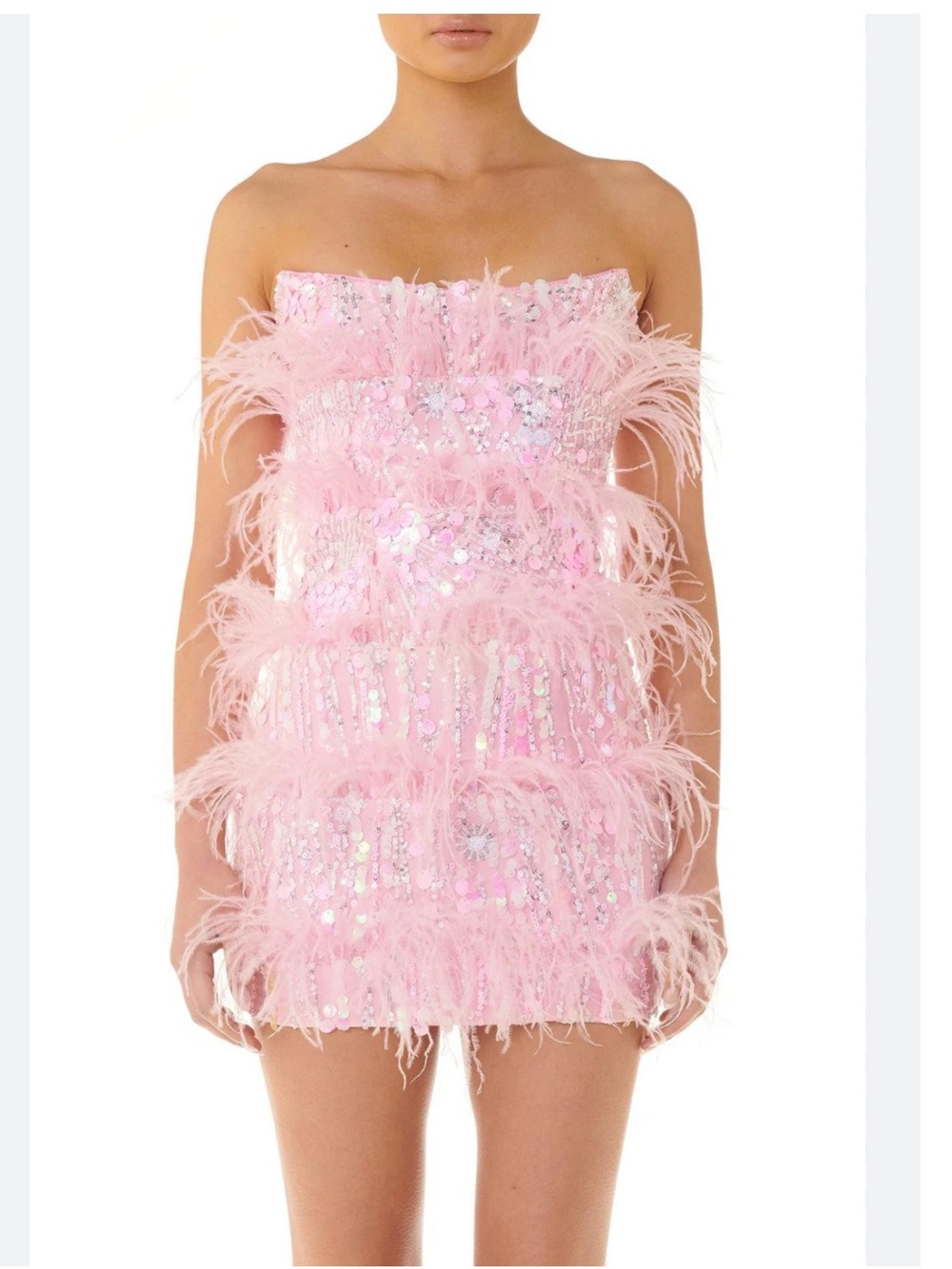 Strapless Pink Feather & Sequin Mini Dress